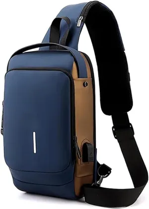 Auricz Bag, Carbon Fiber Streamline Sling Bag, USB Charging Sport Slings, Waterproof Shoulder Backpack (Blue Gold)