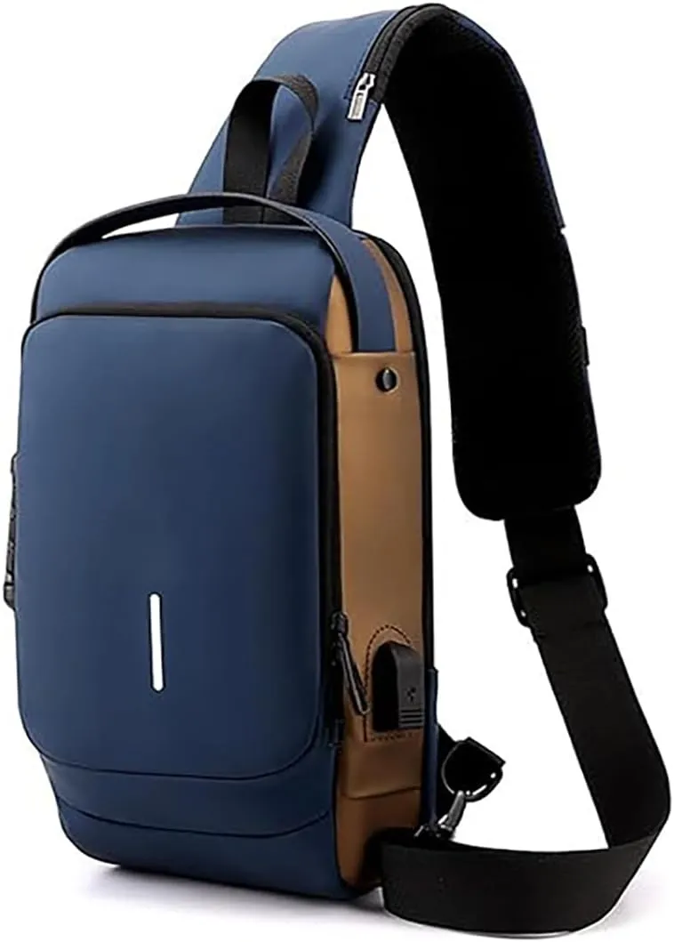 Auricz Bag, Carbon Fiber Streamline Sling Bag, USB Charging Sport Slings, Waterproof Shoulder Backpack (Blue Gold)