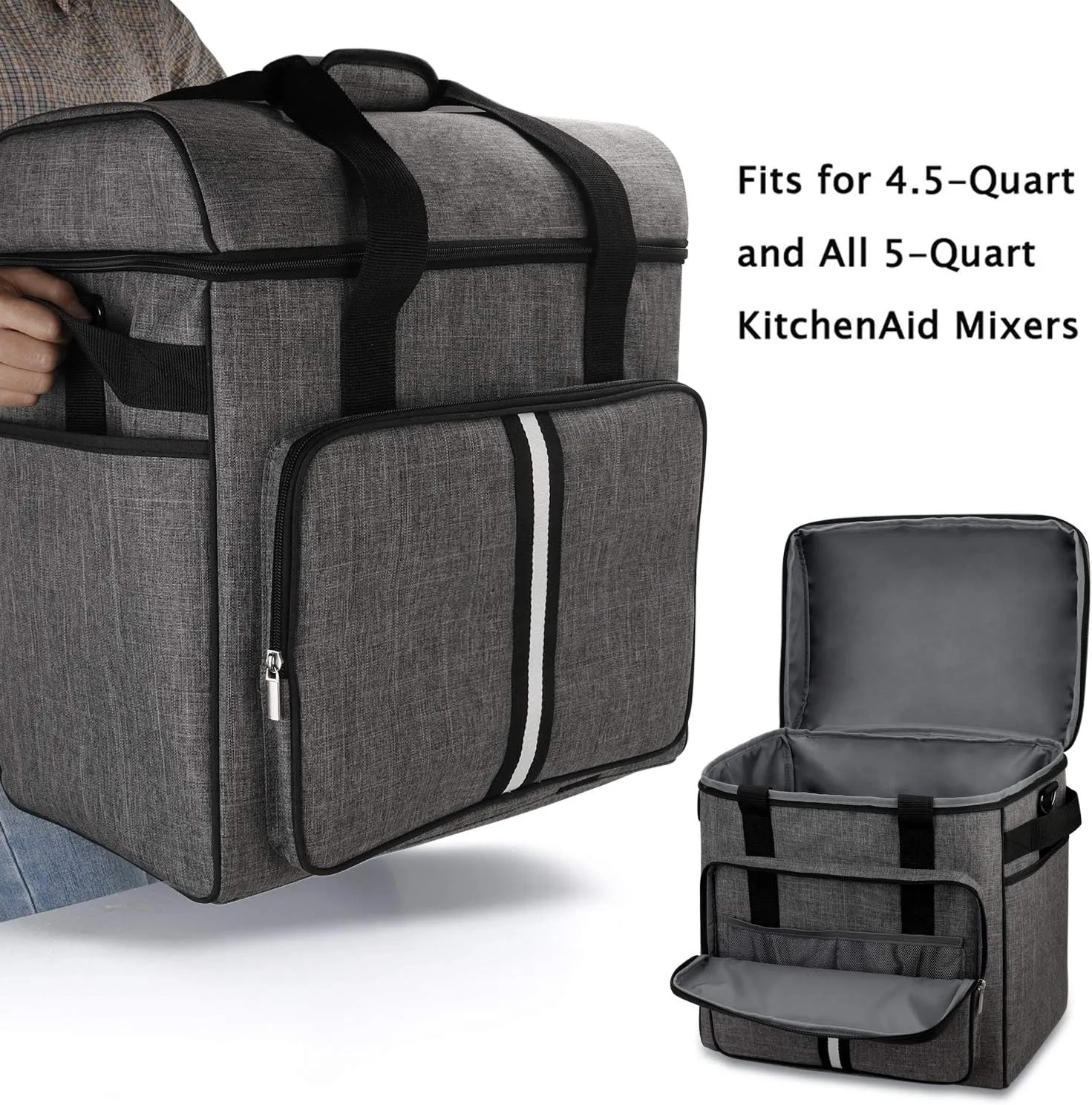 BAGLHER Heavy Duty Kitchen Mixer Cover for 6-8 Quart Stand Mixers, 2-in-1 Shoulder & Hand Carrying Case with Accessory Pockets (14”x9”x15”, Grey)