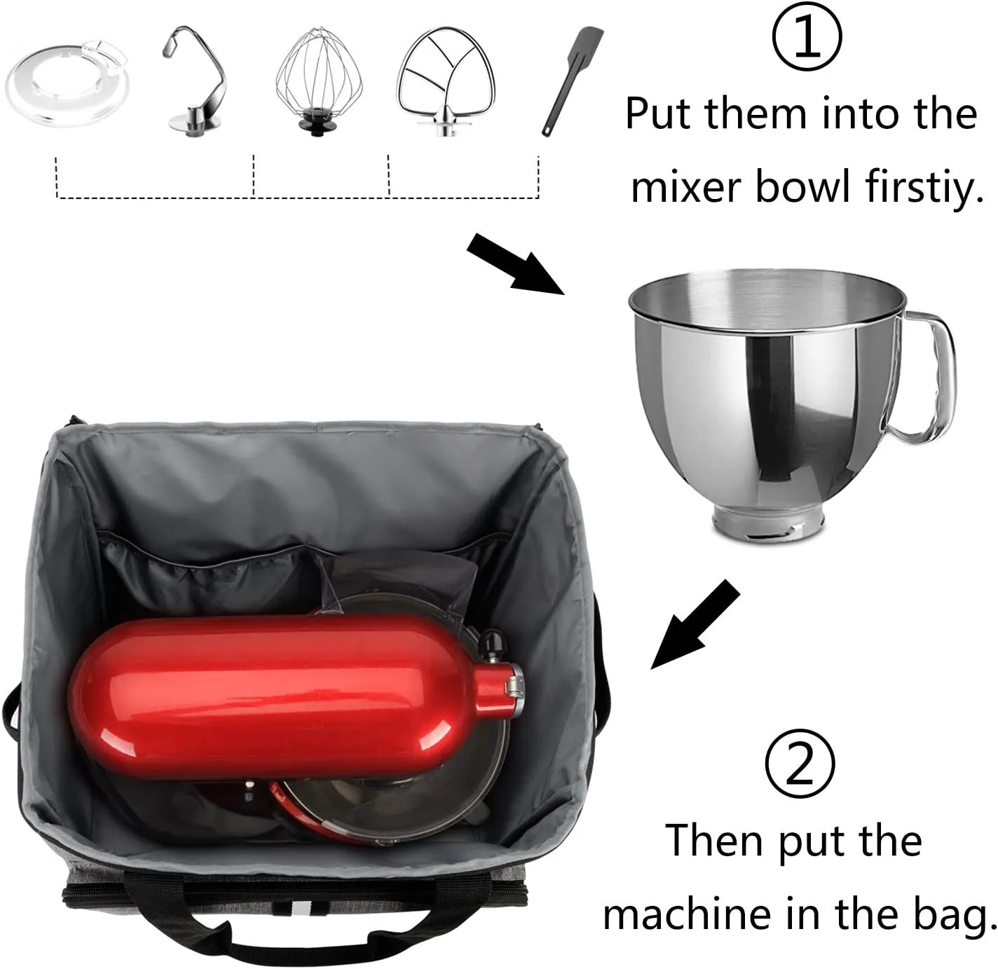 BAGLHER Heavy Duty Kitchen Mixer Cover for 6-8 Quart Stand Mixers, 2-in-1 Shoulder & Hand Carrying Case with Accessory Pockets (14”x9”x15”, Grey)
