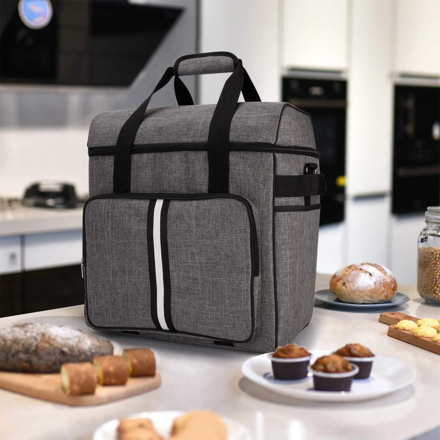 BAGLHER Heavy Duty Kitchen Mixer Cover for 6-8 Quart Stand Mixers, 2-in-1 Shoulder & Hand Carrying Case with Accessory Pockets (14”x9”x15”, Grey)