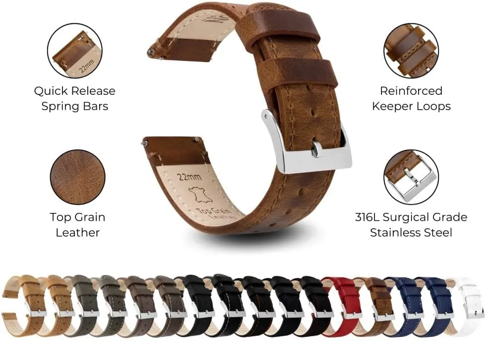 Barton Quick Release - Top Grain Leather Watch Band Strap - Choice of Width - 16mm, 18mm, 19mm, 20mm, 21mm 22mm, 23mm or 24mm