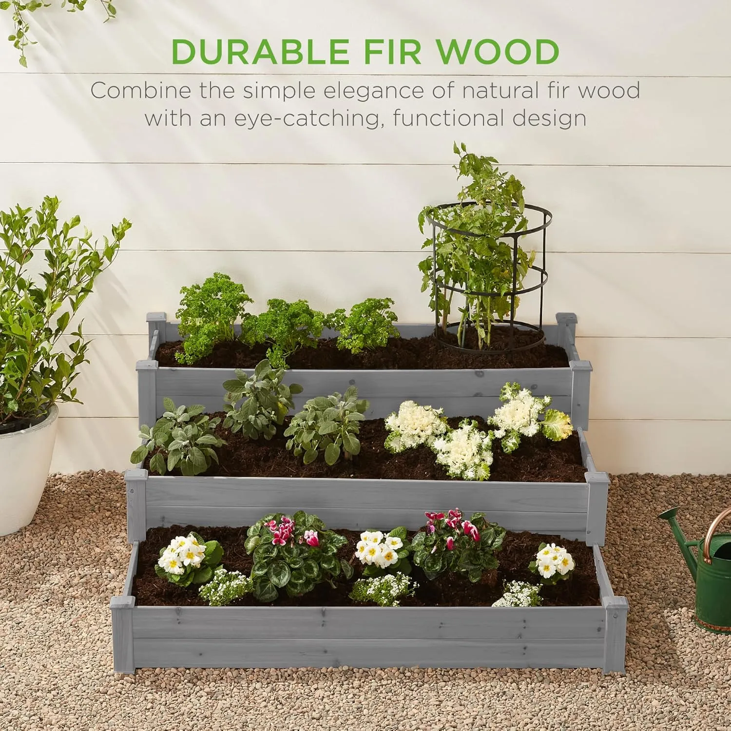 Best Choice Products 3-Tier Fir Wood Raised Garden Bed Planter Kit for Plants, Herbs, Vegetables, Outdoor Gardening w/Stackable & Flat Arrangement, Easy Assembly - Gray