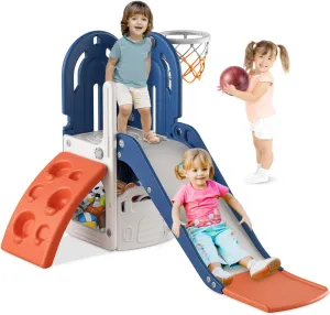 BIERUM 4 in 1 Toddler Slide, Climbing Theme Baby Slide for Toddlers Age 1-3 with Basketball Hoop and Ball, Slide for Kids, Indoor Outdoor Backyard Playground Blue Orange