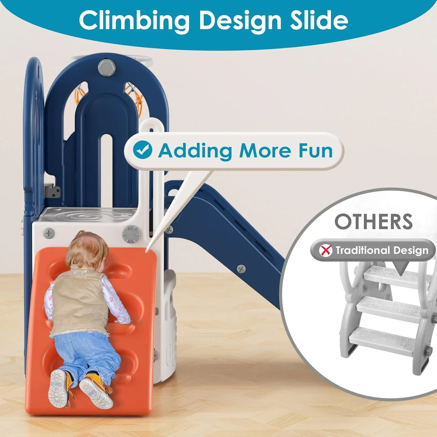 BIERUM 4 in 1 Toddler Slide, Climbing Theme Baby Slide for Toddlers Age 1-3 with Basketball Hoop and Ball, Slide for Kids, Indoor Outdoor Backyard Playground Blue Orange