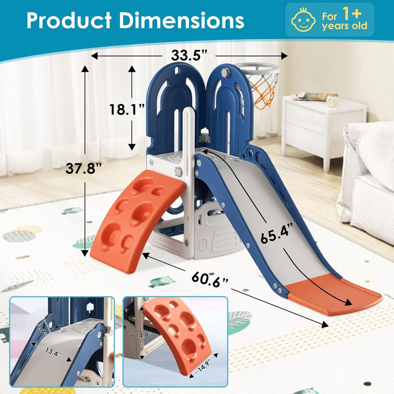 BIERUM 4 in 1 Toddler Slide, Climbing Theme Baby Slide for Toddlers Age 1-3 with Basketball Hoop and Ball, Slide for Kids, Indoor Outdoor Backyard Playground Blue Orange