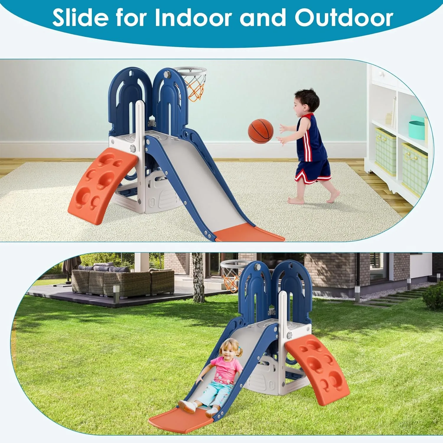 BIERUM 4 in 1 Toddler Slide, Climbing Theme Baby Slide for Toddlers Age 1-3 with Basketball Hoop and Ball, Slide for Kids, Indoor Outdoor Backyard Playground Blue Orange