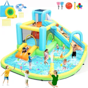 Big Water Slide for Kids 13-in-1 Waterslide Bounce House w/Blower, Inflatable Water Slides Park w/ 2 Slides & Pools, Jumping Area, Climbing Wall, Blow up Water Slides for Kids Backyard (Super Pool)