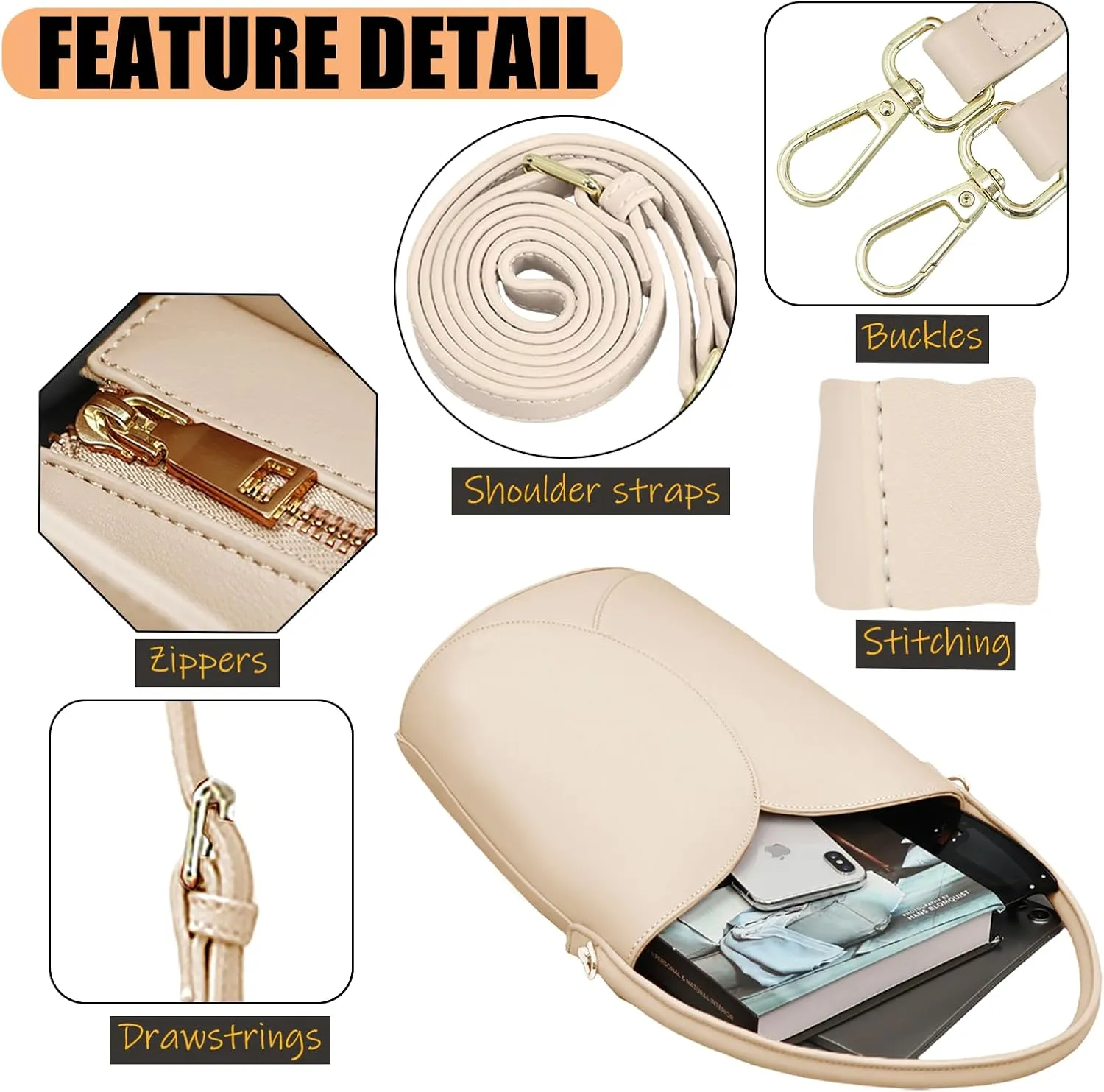 Bucket Bag for Women - Adjustable CrossbodyHobo Purse Trendy Vegan Leather Designer Ladies Tote Handbag