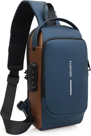 Carbon Fiber Streamline Anti-theft Sling Bag, USB Charging Sport Sling Anti Theft Shoulder Bag, Waterproof Shoulder Backpack (Blue gold)