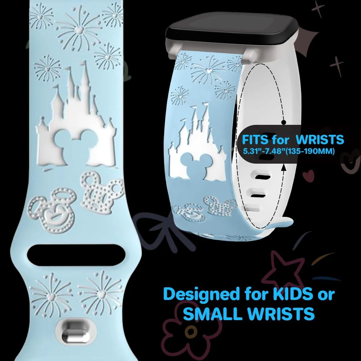 Cartoon Engraved Band Compatible for Gizmo Watch 3 Adventrue 3 2 1/Gabb Watch 3e 3 2 1/SyncUP Watch/Cosmo JrTrack Watch Band,20mm Soft Silicone Sport Smartwatch Band Replacement Small Size
