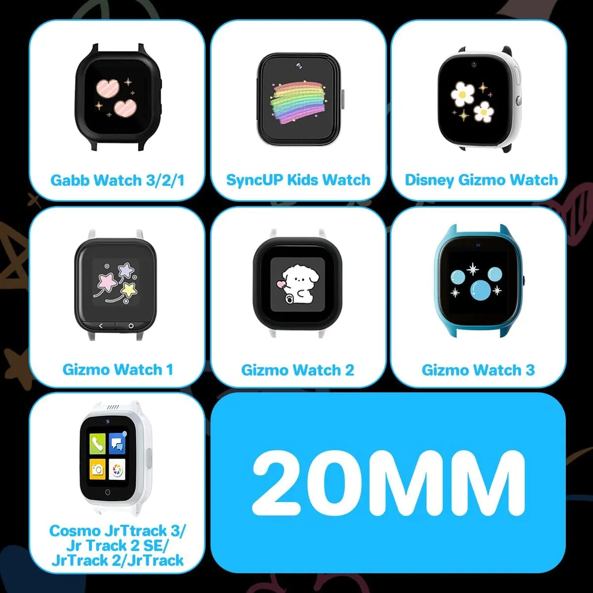 Cartoon Engraved Band Compatible for Gizmo Watch 3 Adventrue 3 2 1/Gabb Watch 3e 3 2 1/SyncUP Watch/Cosmo JrTrack Watch Band,20mm Soft Silicone Sport Smartwatch Band Replacement Small Size