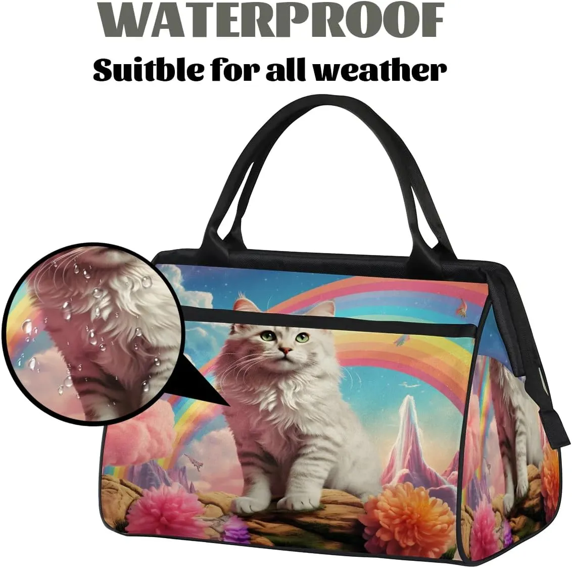 Cat Rainbow Flowers Travel Duffle Bag, Waterproof Duffel Bag Weekender Overnight Carry On Bag Lightweight Sport Gym Bag for Men Women