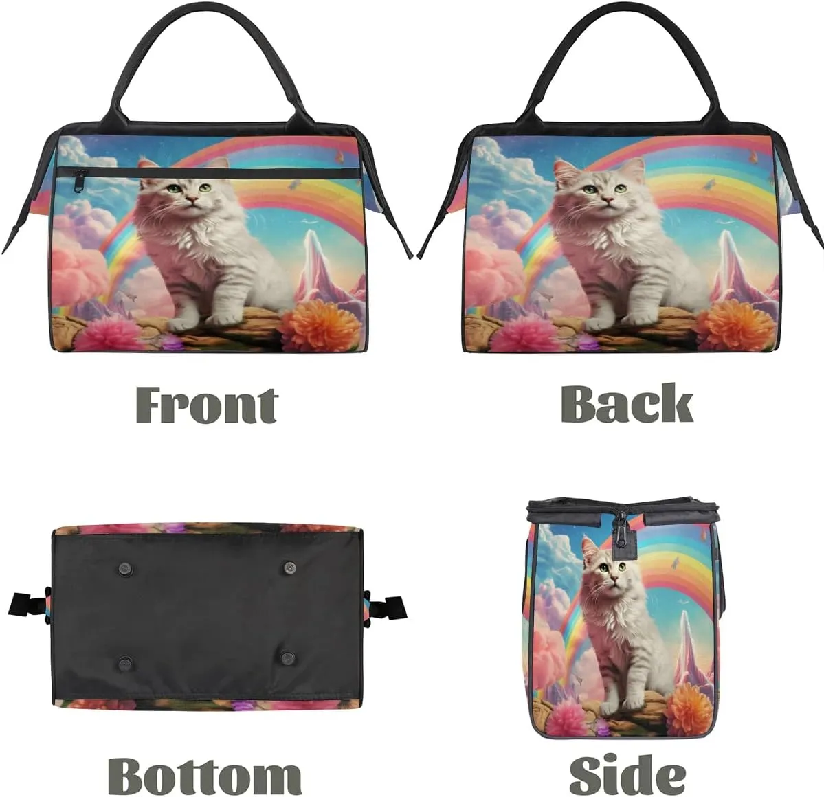 Cat Rainbow Flowers Travel Duffle Bag, Waterproof Duffel Bag Weekender Overnight Carry On Bag Lightweight Sport Gym Bag for Men Women