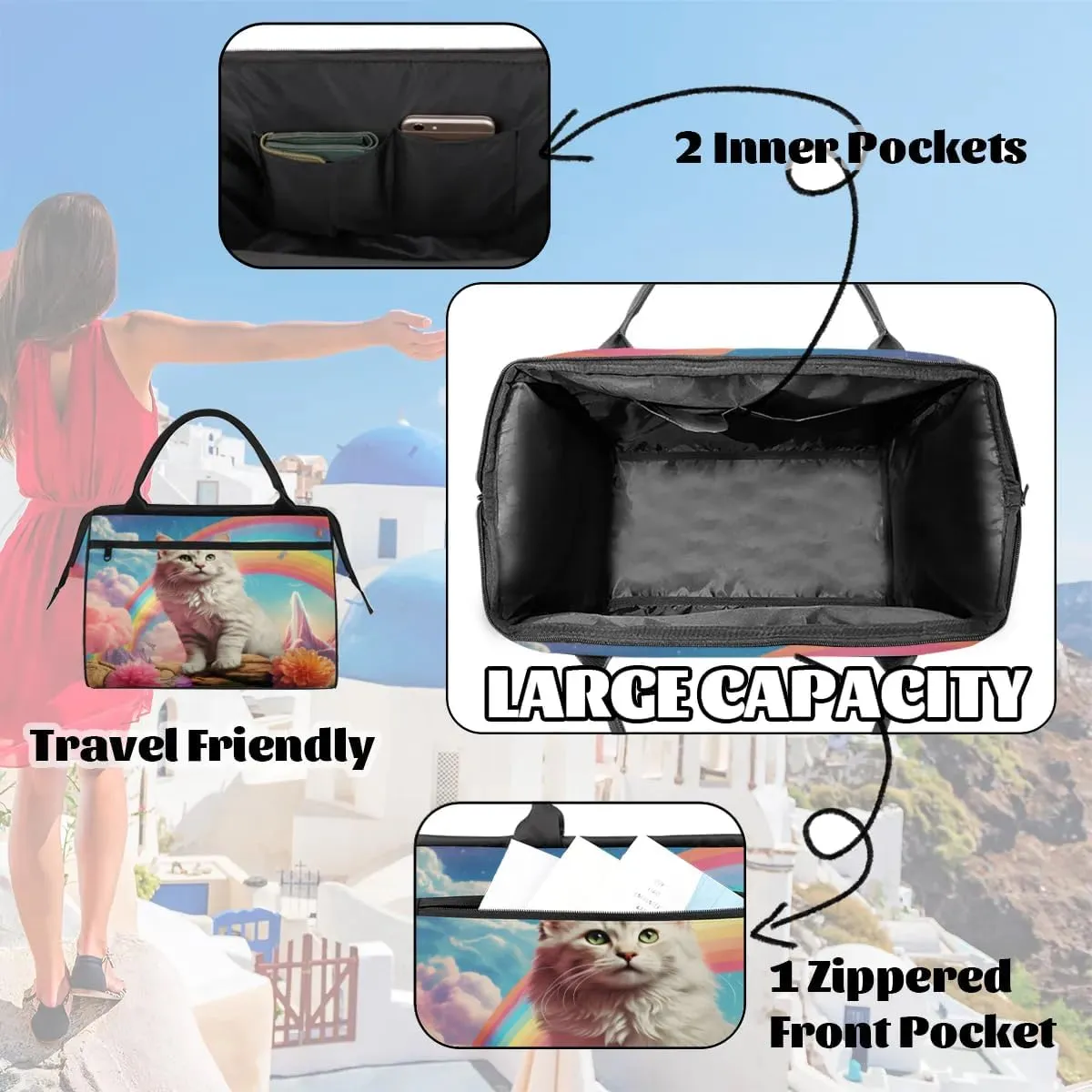 Cat Rainbow Flowers Travel Duffle Bag, Waterproof Duffel Bag Weekender Overnight Carry On Bag Lightweight Sport Gym Bag for Men Women