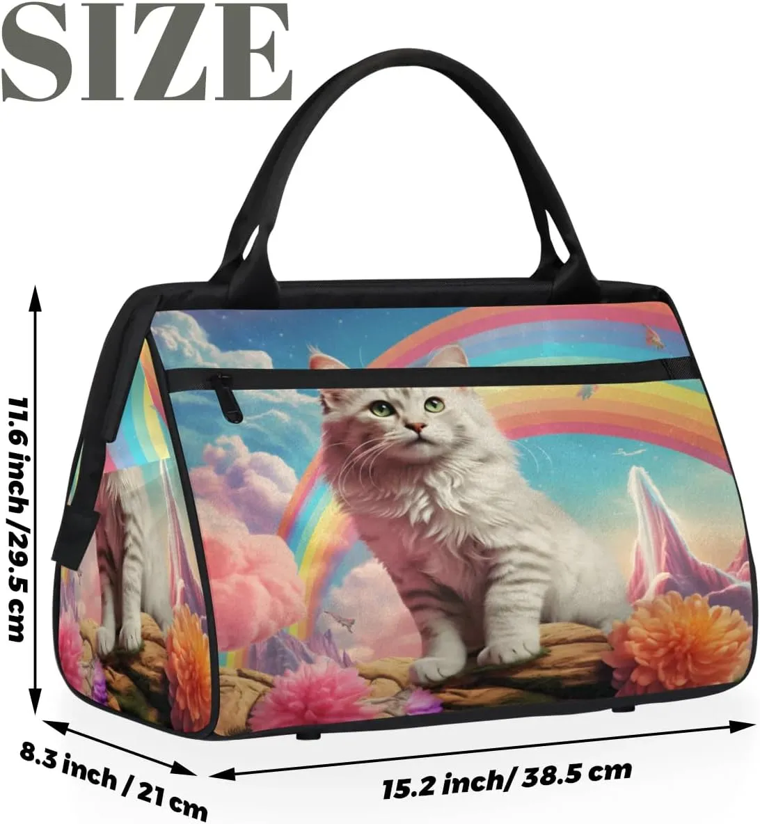 Cat Rainbow Flowers Travel Duffle Bag, Waterproof Duffel Bag Weekender Overnight Carry On Bag Lightweight Sport Gym Bag for Men Women