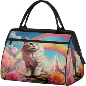 Cat Rainbow Flowers Travel Duffle Bag, Waterproof Duffel Bag Weekender Overnight Carry On Bag Lightweight Sport Gym Bag for Men Women