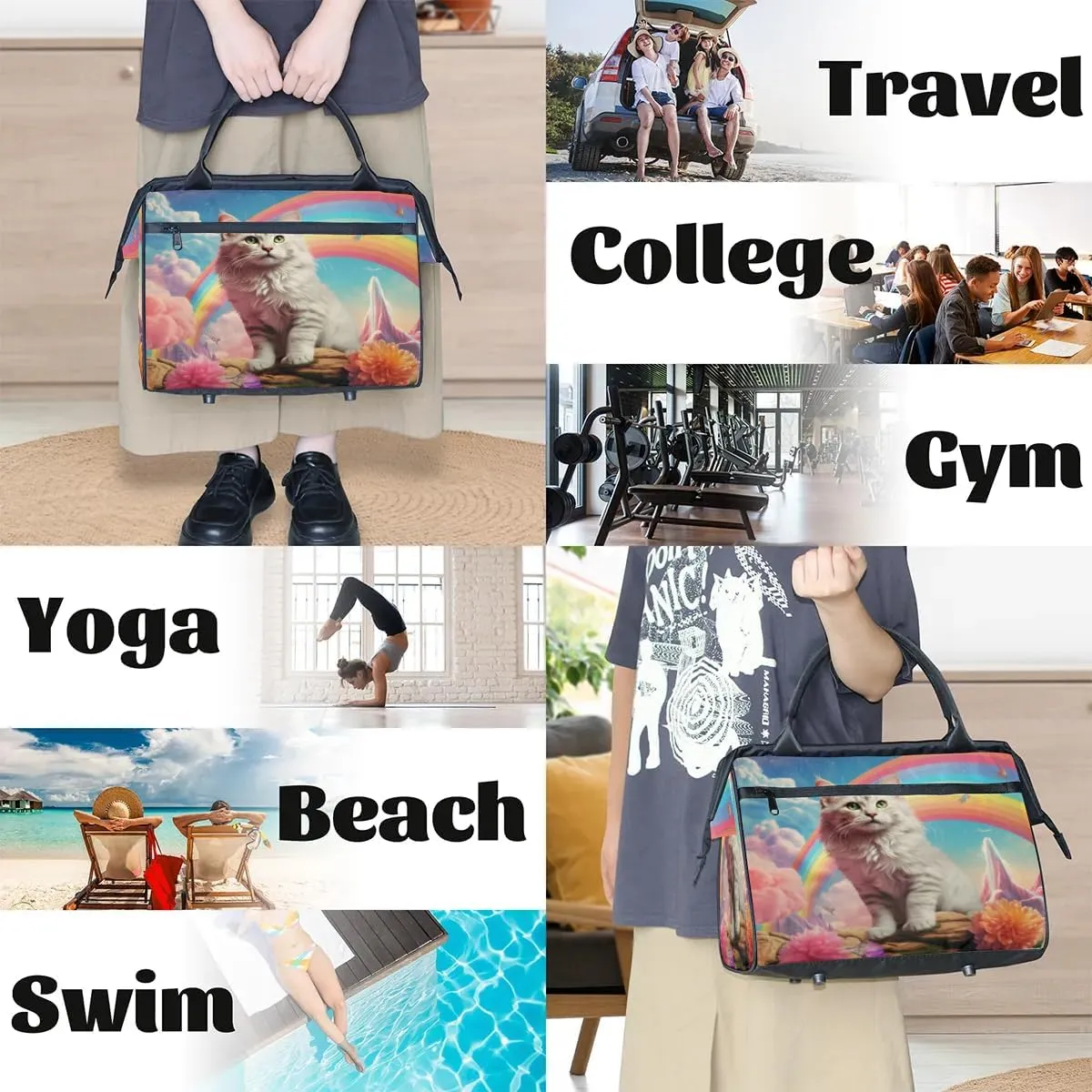 Cat Rainbow Flowers Travel Duffle Bag, Waterproof Duffel Bag Weekender Overnight Carry On Bag Lightweight Sport Gym Bag for Men Women