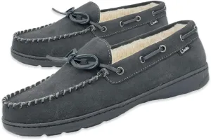 Clarks Mens Suede Leather Moccasin Slipper 22SH-011 - Faux Fur Lining Cushion Comfort Insole - Indoor Outdoor Slippers For Men (11 M US, Grey)