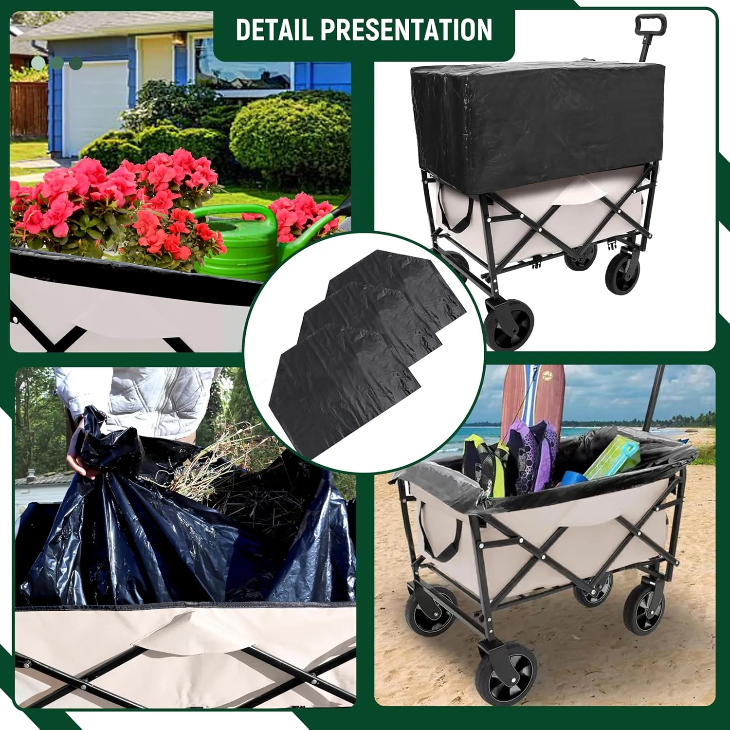 Collapsible Folding Wagon - Heavy Duty Utility Cart,for Shopping,Garden,Sports,Groceries,Apartment,Camping,Outdoor,3pcs Plastic Liner Bag/Cover (Cream)