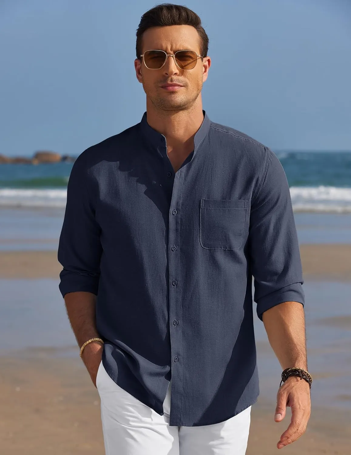 COOFANDY Men's Long Sleeve Linen Shirt Band Collar Button Down Shirts Oxford Dress Shirt