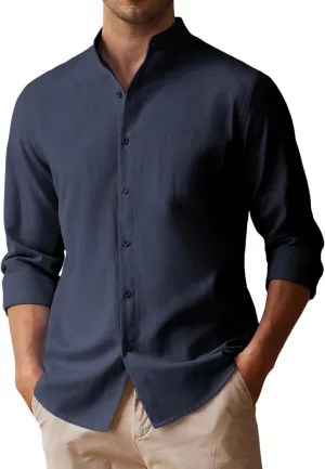 COOFANDY Men's Long Sleeve Linen Shirt Band Collar Button Down Shirts Oxford Dress Shirt