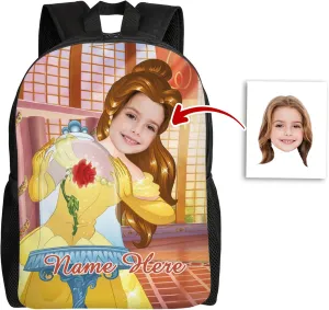Custom Princess Backpack Add Photo and Name, Girls Personalized Princess School Bag Shoulder Bag Casual Daypack for Daughter Granddaughter Niece