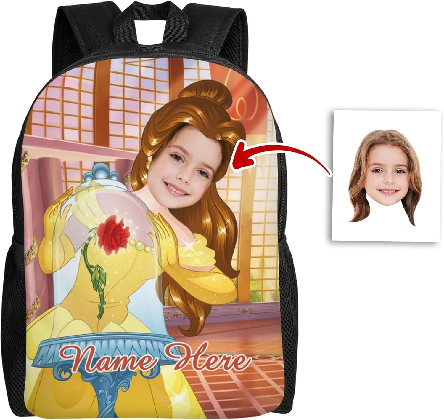 Custom Princess Backpack Add Photo and Name, Girls Personalized Princess School Bag Shoulder Bag Casual Daypack for Daughter Granddaughter Niece