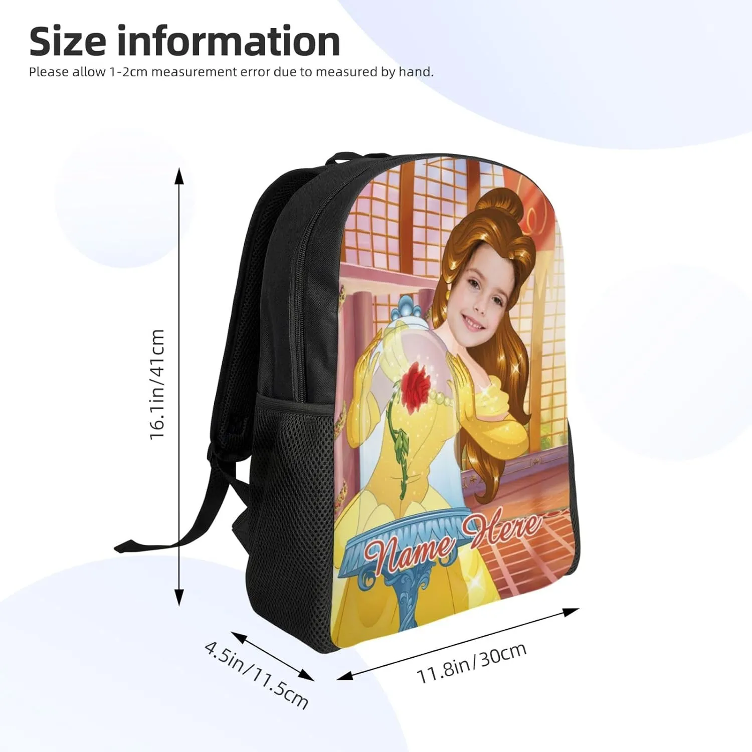 Custom Princess Backpack Add Photo and Name, Girls Personalized Princess School Bag Shoulder Bag Casual Daypack for Daughter Granddaughter Niece