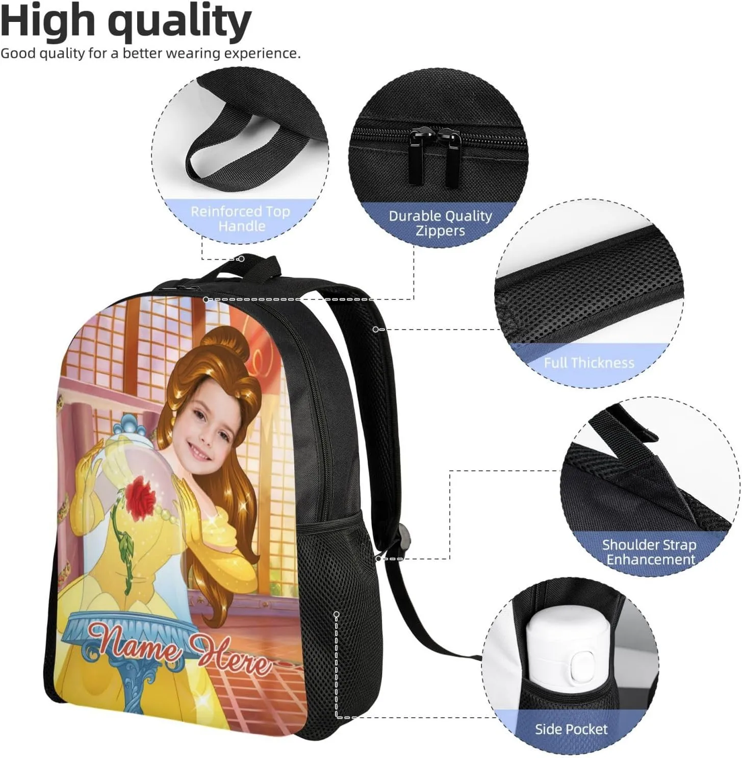 Custom Princess Backpack Add Photo and Name, Girls Personalized Princess School Bag Shoulder Bag Casual Daypack for Daughter Granddaughter Niece