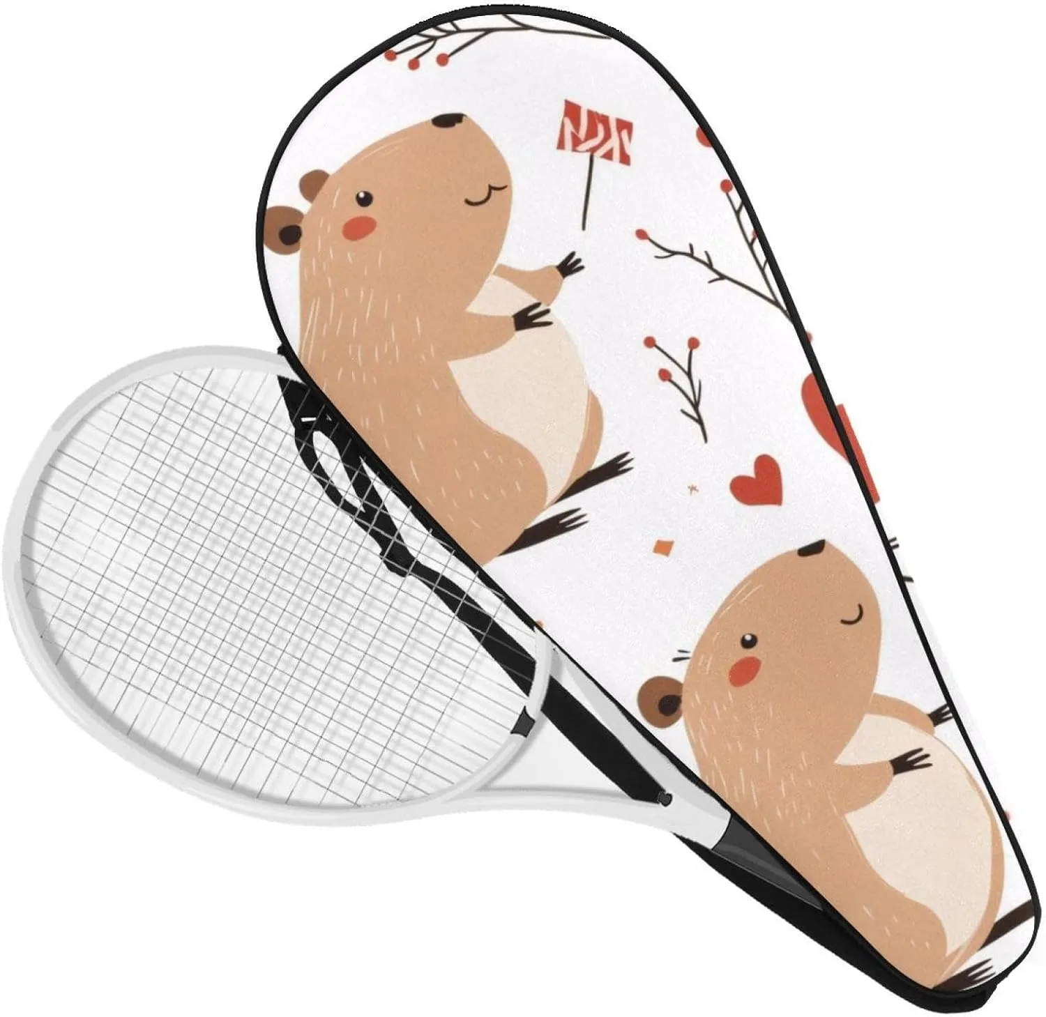 Cute Capybaras Flowers and Strawberries Tennis Racquet Bag Lightweight Racket Carrying Bag for Youth and Adults