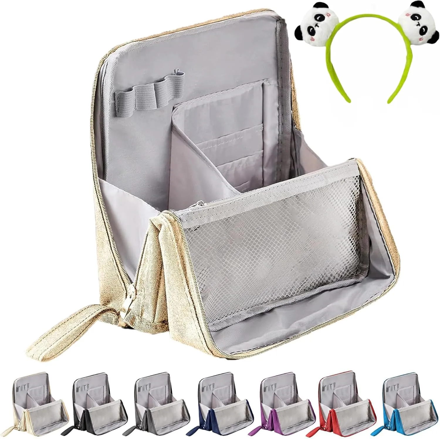 Doresty Makeup Bag, Multi-Purpose Large Capacity Oxford Cloth Standing Makeup Bag, Portable, Large Capacity, Waterproof with Compartments (Beige)