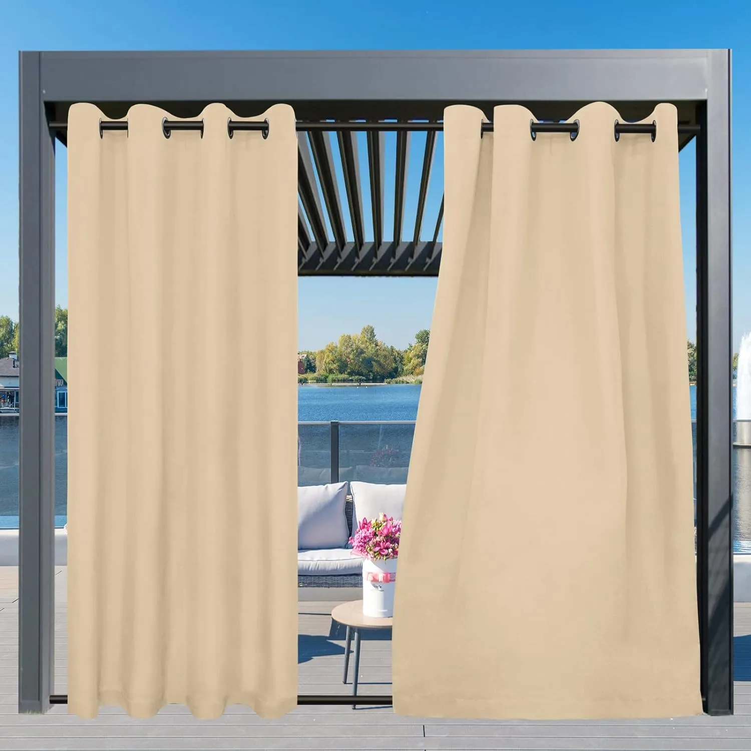 Easy-Going Outdoor Curtains Waterproof Windproof Weatherproof Curtain for Patio, Cabana, Porch, Pergola and Gazebo, Grommet Top and Tab Bottom Drape, 2panels, 54x96 inch, Beige