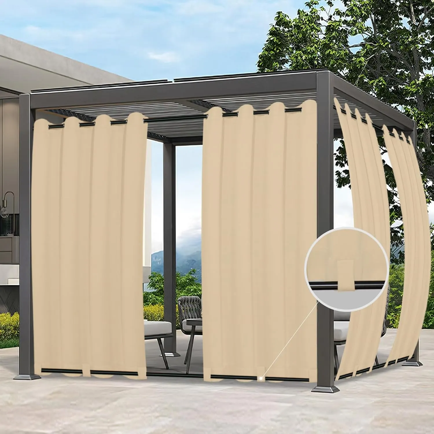 Easy-Going Outdoor Curtains Waterproof Windproof Weatherproof Curtain for Patio, Cabana, Porch, Pergola and Gazebo, Grommet Top and Tab Bottom Drape, 2panels, 54x96 inch, Beige