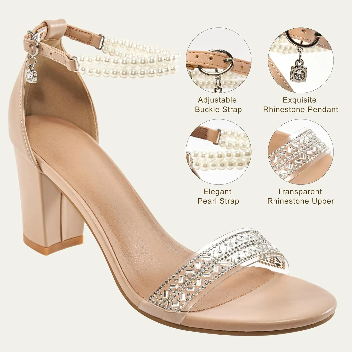 Ecetana Womens Sandals High Heels Open Toe Rhinestone Pearl Block Chunky Heeled Ankle Strap Dressy Sexy Shoes for Wedding Party