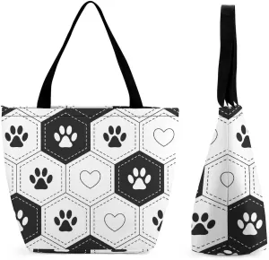 Footprints-pet-hexagonal-grid Casual Travel Shoulder Beach Shopping Handbags for Women Gifts Reusable Grocery Tote Bag