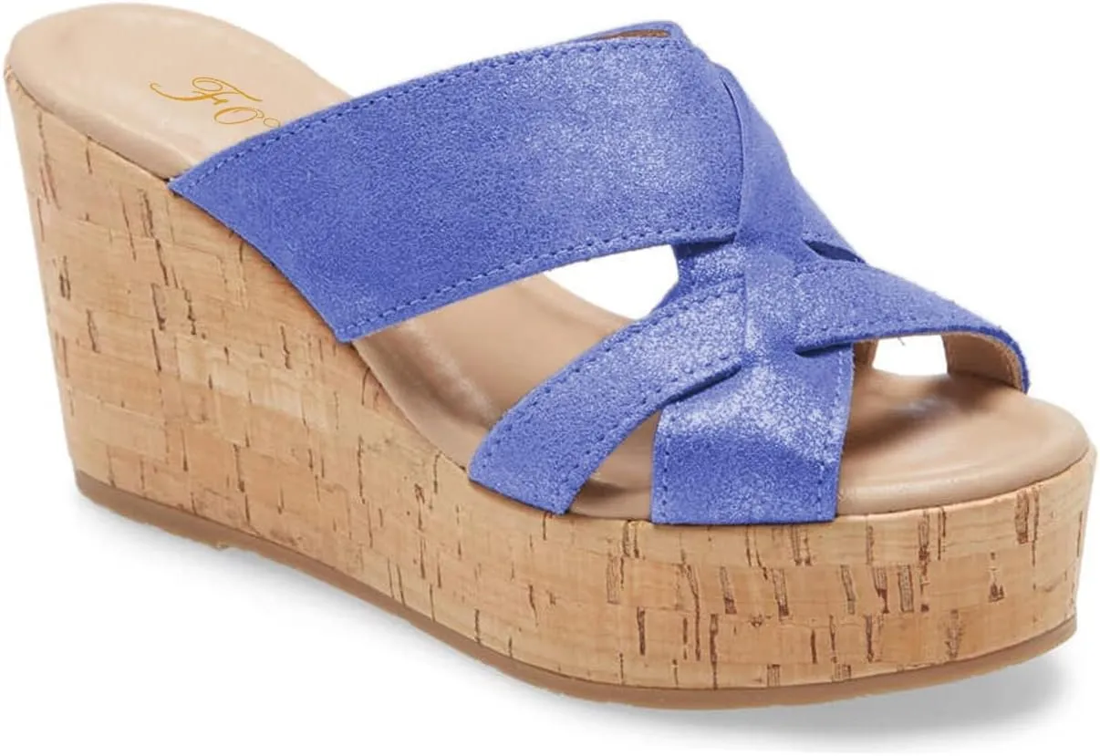 FOWT Women’s Cork Wedge Sandals Cross Strappy High Platform Open Toe Slippers Slip-On Chunky Heels Wide Width Available Shoes Outdoor Beach Casual Size 4-16 US