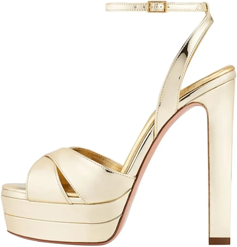 FSJ Women Peep Toe Platform Sandals Ankle Strap Chunky Block High Heel Buckled Classic Bridal Cocktail Party Prom Shoes Size 4-16 US