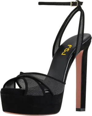 FSJ Women Peep Toe Platform Sandals Ankle Strap Chunky Block High Heel Buckled Classic Bridal Cocktail Party Prom Shoes Size 4-16 US