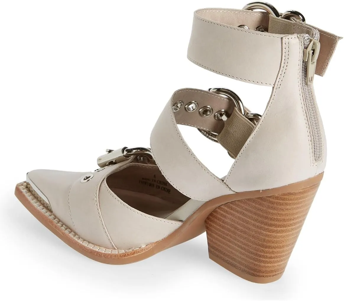 FSJ Women Pointed Toe Metal Buckle Hollow Out Leather Strappy Medium Thick Wedge Stacked Heel Sandal Zipper Fashion Pumps Shoes Size 4-16 US