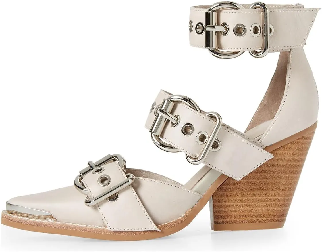 FSJ Women Pointed Toe Metal Buckle Hollow Out Leather Strappy Medium Thick Wedge Stacked Heel Sandal Zipper Fashion Pumps Shoes Size 4-16 US