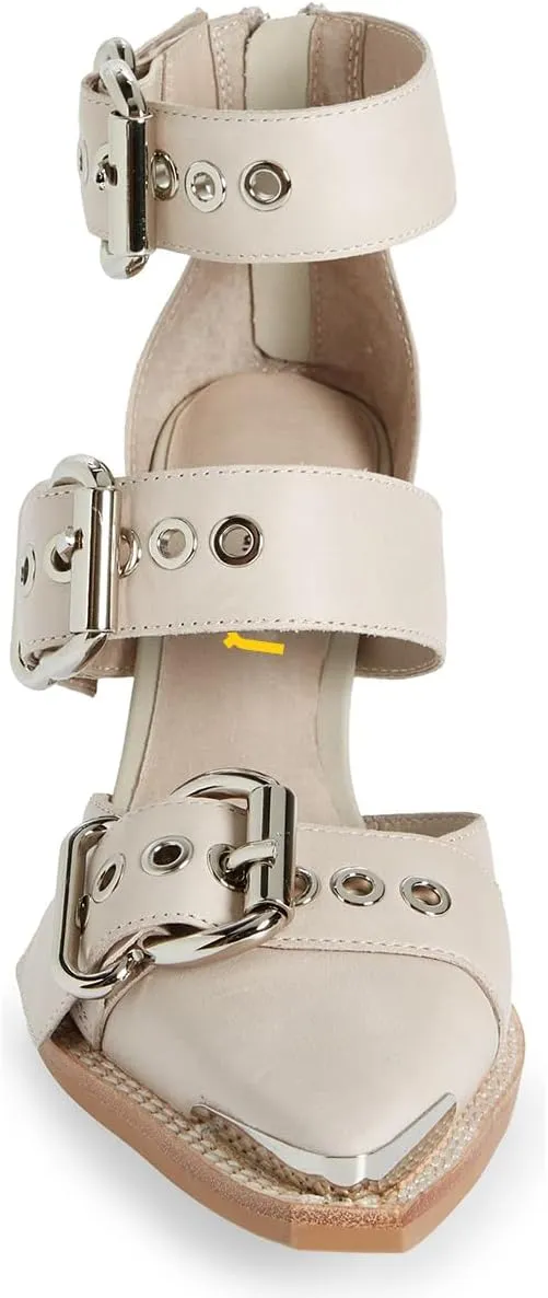 FSJ Women Pointed Toe Metal Buckle Hollow Out Leather Strappy Medium Thick Wedge Stacked Heel Sandal Zipper Fashion Pumps Shoes Size 4-16 US