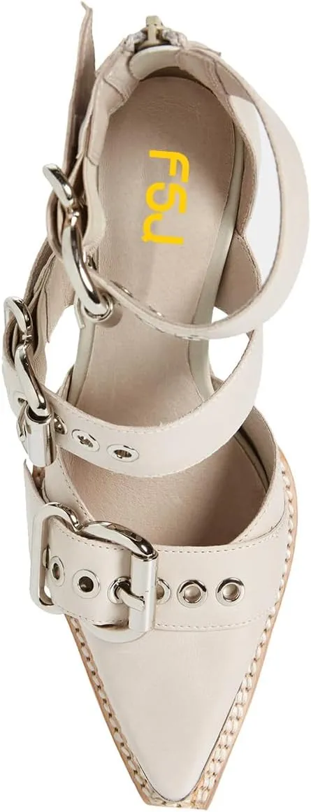 FSJ Women Pointed Toe Metal Buckle Hollow Out Leather Strappy Medium Thick Wedge Stacked Heel Sandal Zipper Fashion Pumps Shoes Size 4-16 US