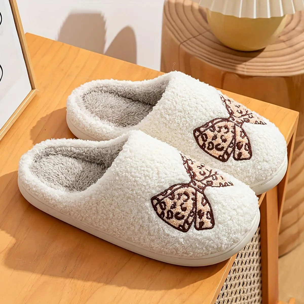 Fuzzy Cute Bow Slippers for Women Winter Warm Cozy House Slippers Plush Indoor Outdoor Shoes