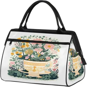 Garden Tea Cup Flower Travel Duffle Bag, Waterproof Duffel Bag Weekender Overnight Carry On Bag Lightweight Sport Gym Bag for Men Women