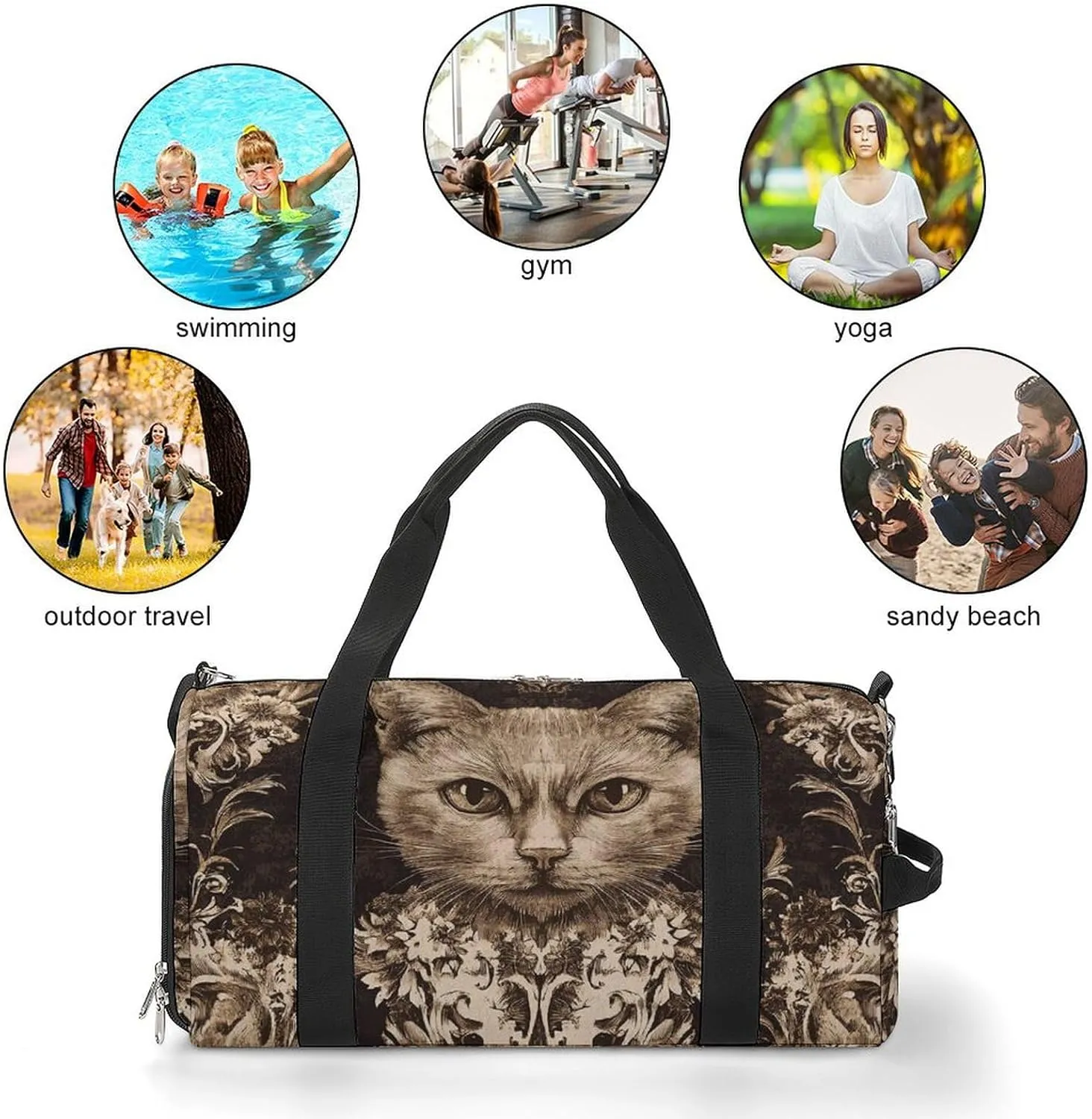 Gothic Style of Cat Fitness Large Gym Bag for Unisex with Shoe Compartment & Wet Pocket