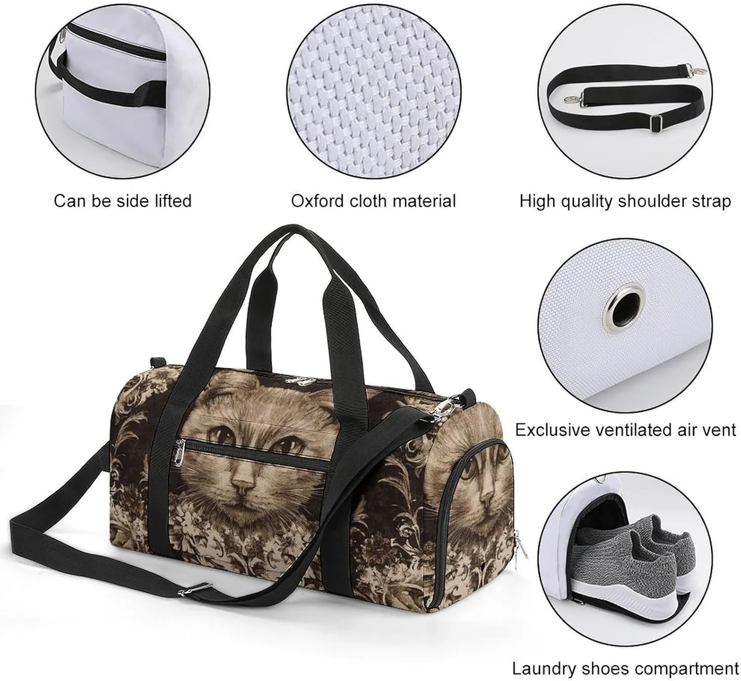 Gothic Style of Cat Fitness Large Gym Bag for Unisex with Shoe Compartment & Wet Pocket
