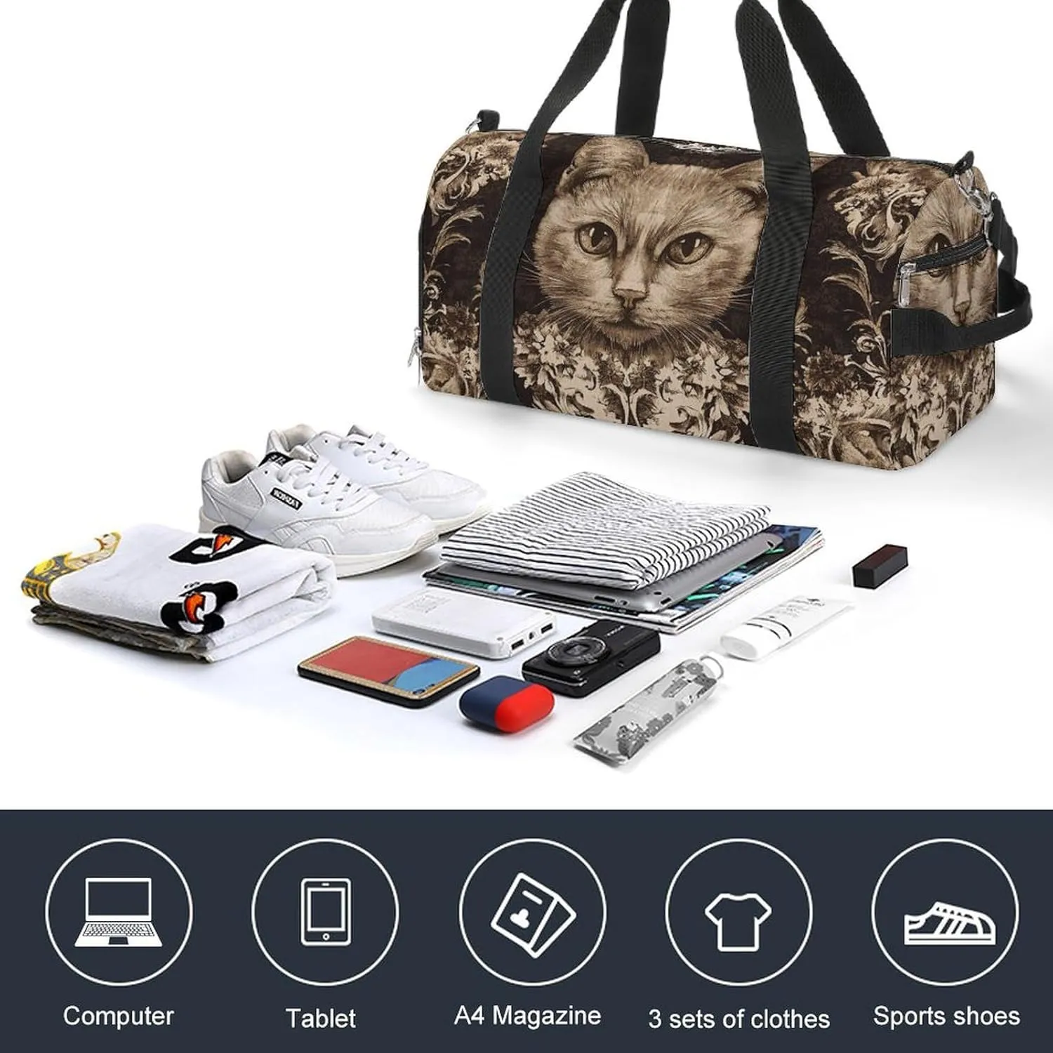 Gothic Style of Cat Fitness Large Gym Bag for Unisex with Shoe Compartment & Wet Pocket