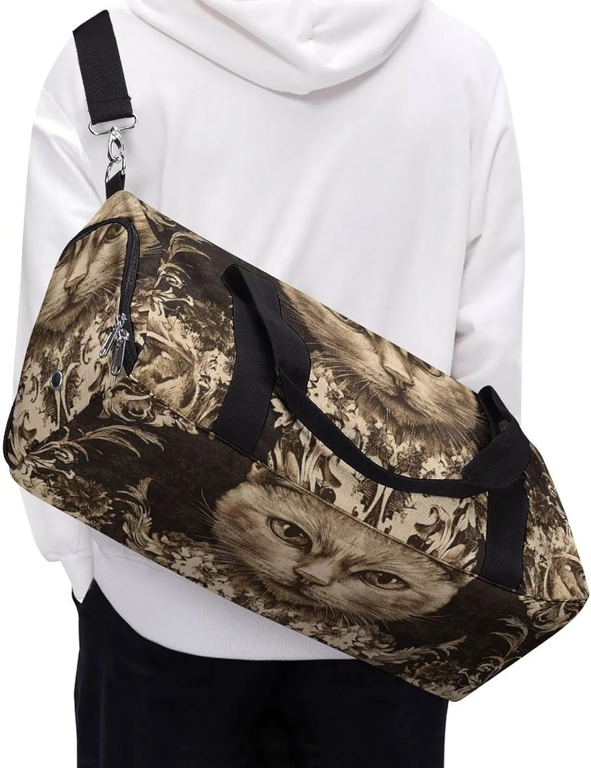 Gothic Style of Cat Fitness Large Gym Bag for Unisex with Shoe Compartment & Wet Pocket