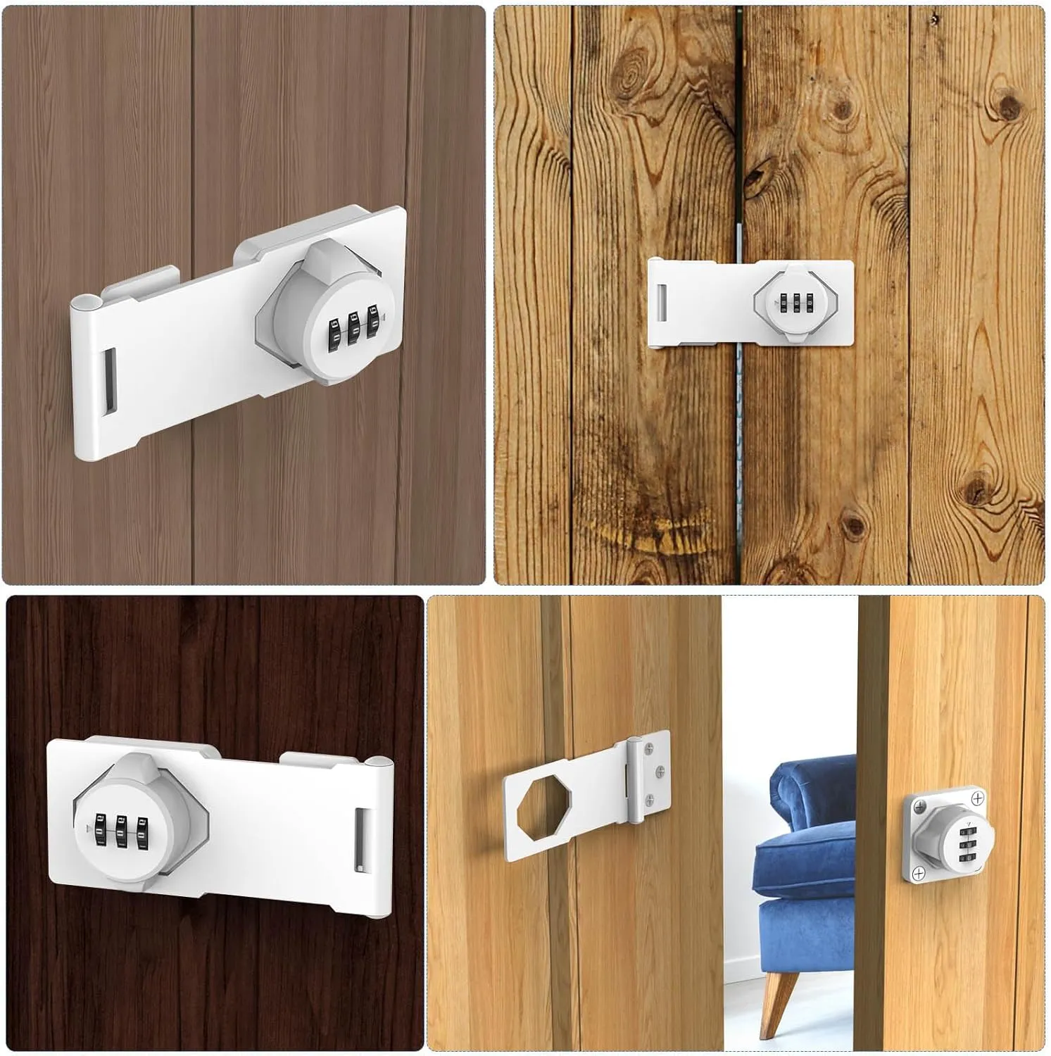 Household Cabinet Password Hasp Locks, Cabinet Locks with Combination, Door Security Slide Latch for Small Barn Doors, Bathroom, Outdoor, Garden (4 Pack Black White)